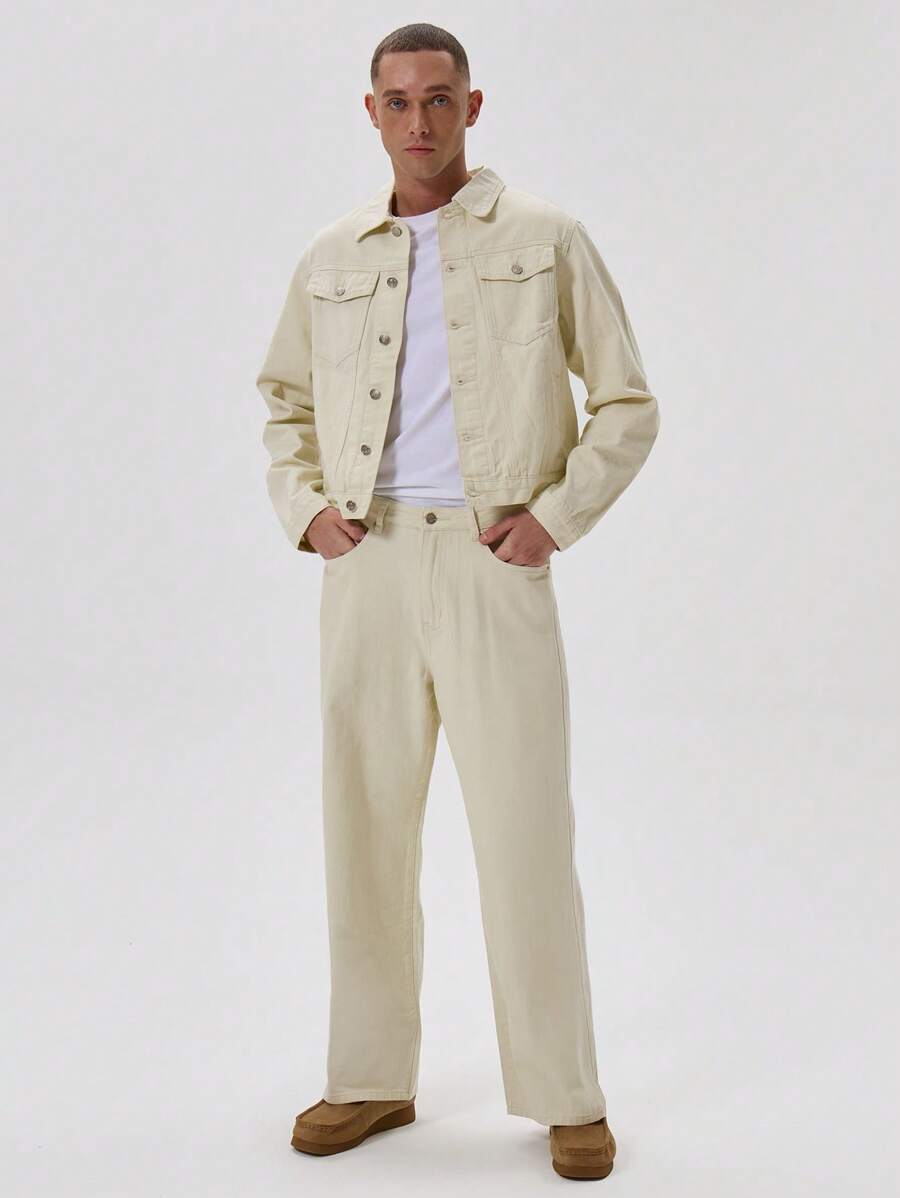 Musero 男士直筒牛仔裤基础款纯色牛仔裤套装下装（仅限冬季款） - 白色 - 查看 1