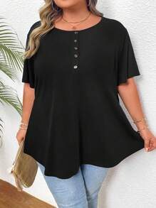 SHEIN CURVE+ Women's Plus Size Round Neck Button Detail T-Shirt - Black - View 4
