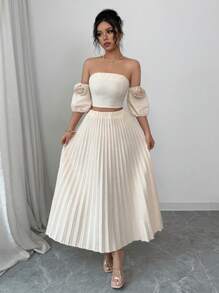 Elenzga 2 件套：简约花卉装饰上衣和裙子，休闲装 - 杏色 - 查看 5