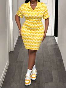 Slaydiva 大码度假休闲时尚几何图案马球领半拉链迷你连衣裙，女式，春夏