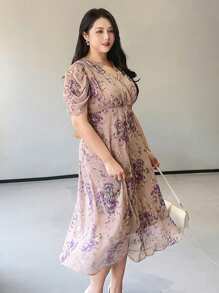 Dazy Petite Plus Plus Size Floral Print V-Neck Puff Sleeve Mini Dress, Purple, Spring/Summer Draped Dress Pink Milkmaid Dress Sundress - Purple - View 5