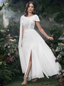 Coutiva Lightweight Wedding Dress & Evening Gown, Premium Design With Sequins Splicing, Elegant & Minimalist Style Music Festival  Spring/Summer,Bride - White - View 3