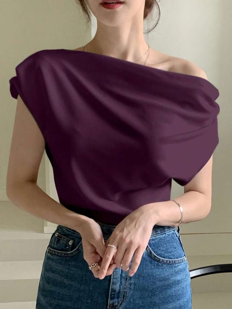 Women's Solid Color Asymmetric Neck Pleated Casual T-Shirt,Crop Tops Women