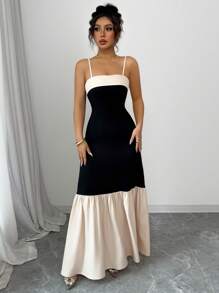 Elenzga Women Plain Color Patchwork Spaghetti Strap Simple Pleated Dress