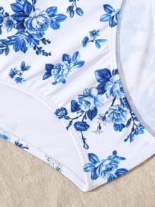 SHEIN Tween Girl Fitted Casual Floral Print Camisole Top Bikini - Blue and White - View 6