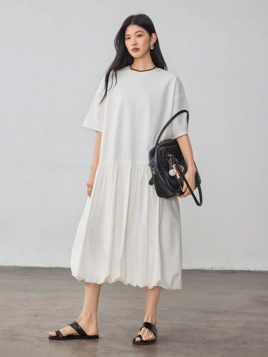 Dazy-Less Váy midi suông rộng rãi tối giản nghệ thuật hoa chắp vá đơn giản cho nữ mùa hè phong cách cổ điển - trắng - Xem 1