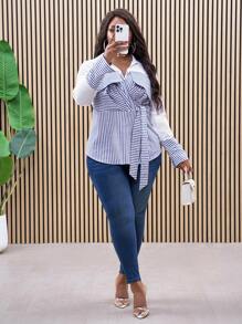 Slaydiva Plus Size Vrouwen Elegant Forensen Gestreept Shirt