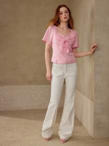 MOTF PREMIUM LINEN KNOT FRONT SHORT SLEEVE TOP - Pink - View 5