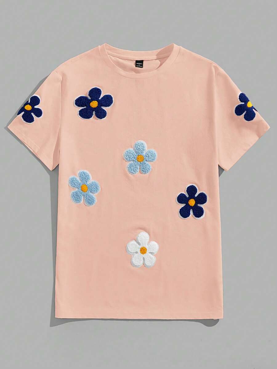 Manfinity VCAY 1 件男士派对基本休闲款高街复古风格针织时尚日常年轻休闲刺绣花朵图案 T 恤秋装万圣节服装万圣节睡衣搭配风格干净利落