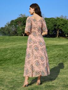 Modelyn Vestido de gasa con cuello drapeado, mangas cortas y cintura alta para mujer