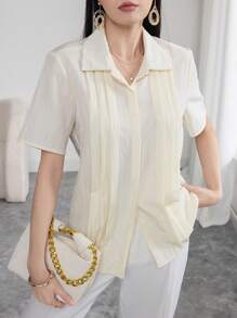 Seusyu Women's Solid Color Simple Casual Pleated Pearl Collar Short Sleeve Shirt - Yellow - View 1