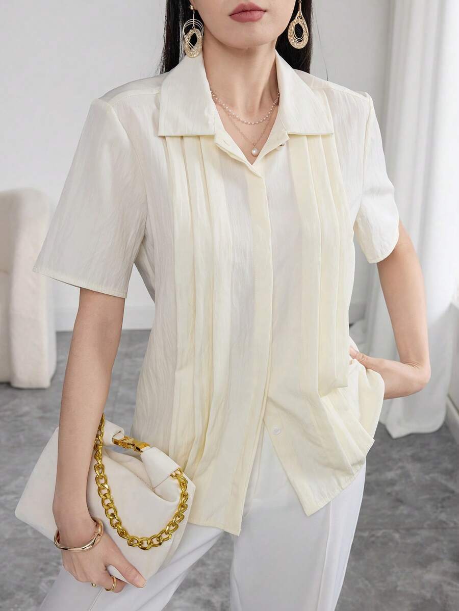 Seusyu Women's Solid Color Simple Casual Pleated Pearl Collar Short Sleeve Shirt - Yellow - View 1