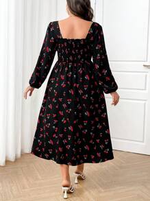 SHEIN Clasi Plus Size Women Elegant Romantic Cherry Print Open Back Split Dress - Black - View 2