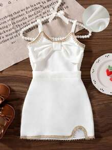 SHEIN Elegant Tween Girls Simple Sleeveless Cropped Tank Top With 3D Bow Detail And High Waist Slit Skirt 2 Pieces Outfit