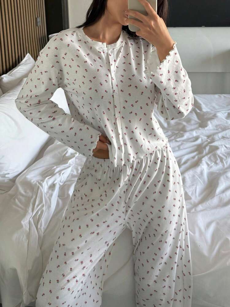 ウィメンズ ディジーフローラル トップ&ルーズパンツ 2点セットパジャマ、秋冬用