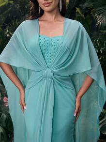 Coutiva Simple Elegant Diamond And Pearl Embellished Cinched Waist Midi Dress, Bridal Shower Music Festival  Spring/SummerMusic Festival  Spring/Summer - Mint Green - View 5