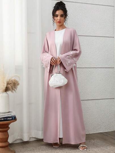 Yasmyna Women's Long Sleeve Arab Abaya Outwear With Bow Cuff And Faux Pearl Decor, Modest Robe