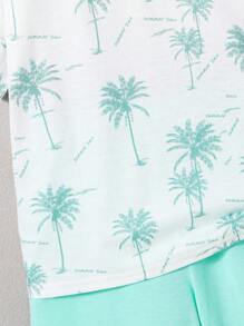 2pcs Kids Young Boy A Casual, Comfortable, Fashionable, Simple, Practical And Versatile Coconut Tree Printed T-Shirt And Breathable Comfortable Shorts Set Suitable For Spring And Summer, Suitable For Daily Use, Suitable For Vacation, Beach, School, Suitable For Travel, Suitable For Sports, Suitable For Spring And Summer Seasons