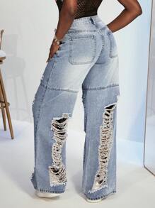 Slaydiva Damen Lässig Destroyed einfache modische Jeans, Alltagskleidung - Blau - Übersicht 3