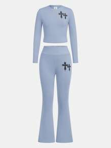 SHEIN Leap Crew Tween Girls Casual Street Style Solid Color Crew Neck Long Sleeve Knit Set - Baby Blue - View 6