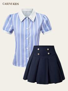 SHEIN 2pcs/Set Baju Anak Perempuan Kerah Bergaris Warna Kontras + Rok Mini Lipit Gaya Kasual Sekolah - Navy Blue - View 2