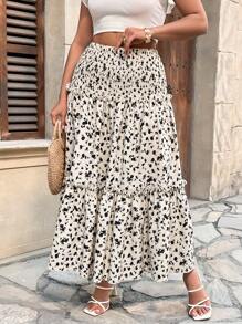 Flirla Plus Size Floral Print Drawstring Waist Casual Skirt, Suitable For Holiday - Multicolor - View 1