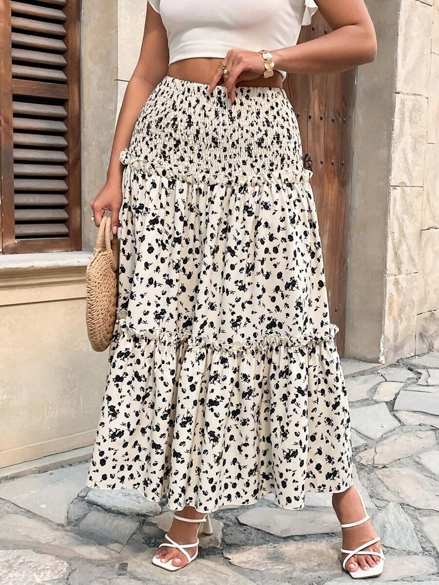 Flirla Plus Size Floral Print Drawstring Waist Casual Skirt, Suitable For Holiday - Multicolor - View 1