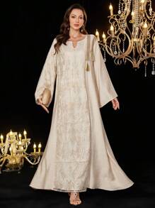 Al Najma 刺绣网眼流苏装饰土耳其和阿拉伯风格女士长裙、卡夫坦和贾拉比亚，端庄 - 卡其色 - 查看 5