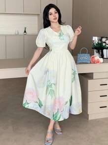 DAZY 1 pieza Vestido suelto de manga abullonada con escote en V y estampado floral para mujer - Albaricoque - Ver 5