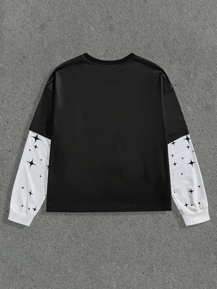 Manfinity VCAY Camiseta holgada de manga larga de punto con impresión digital 2 en 1 para hombre - Negro - Añade 2