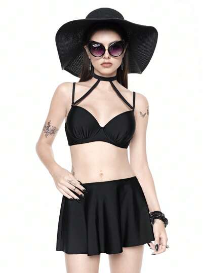 ROMWE Goth Conjunto de 3 piezas de traje de baño estilo gótico para mujer, que incluye collar, sostén, calzón y minifalda, de unicolor, para verano, vacaciones en la playa, Halloween