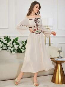 Modelyn Jacquard Patchwork Waistband Off Shoulder Flare Sleeve Dress - Apricot - View 5