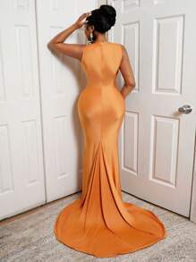 BamGleam Đầm dài đuôi cá xếp ly ngọc trai ôm sát cổ đứng - Gỗ đỏ - Xem 2