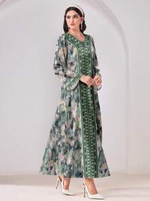 Al Najma Elegant Tie-Dye Printed Patchwork Maxi Arabian Dress - White - View 5