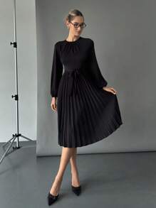 SHEIN Essnce Tay áo lồng đèn Viền xếp Váy có thắt lưng - màu đen - Xem 2