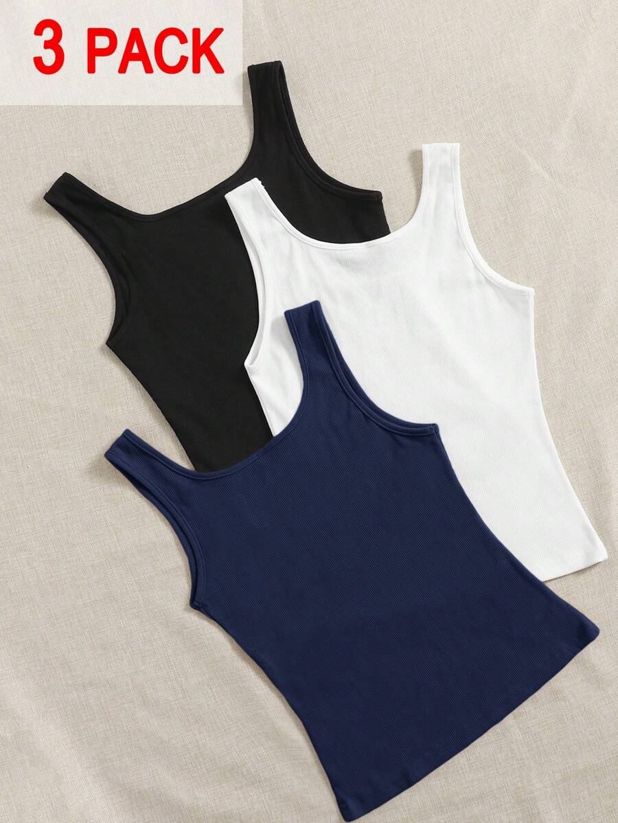 SHEIN EZwear 3 packs de tops longs grande taille, couleurs blanc + noir + bleu, printemps/été - Multicolore - Voir 1