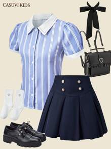 SHEIN 2pcs/Set Baju Anak Perempuan Kerah Bergaris Warna Kontras + Rok Mini Lipit Gaya Kasual Sekolah - Navy Blue - View 1