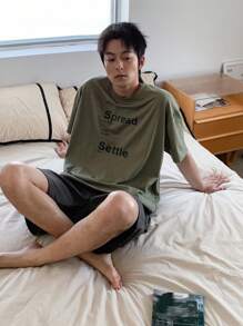 DAZY Pijama/Ropa de estar por casa de 2 piezas para hombre con camiseta estampada con letras y pantalones cortos de un solo color, para verano - Multicolor - Ver 6