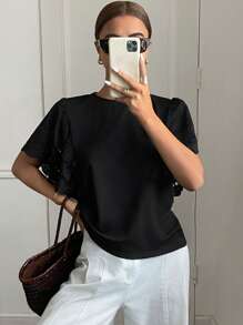 Serisse Áo thun nữ cơ bản màu trơn, kiểu dáng thường ngày, thêu họa tiết, khoét lỗ, phối màu, thích hợp cho mùa xuân và mùa hè, thời trang mặc hàng ngày, áo tay bồng thêu họa tiết, vải thun dệt kim màu đen, áo thun đen dáng rộng thoải mái, thanh lịch và thời trang khi đi làm, áo tay cánh dơi, áo thun buộc dây, kiểu dáng Pháp mùa lễ hội - màu đen - Xem 5