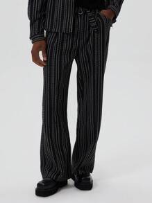 Musero Pantalones anchos para hombre con detalle de cinturón y rayas