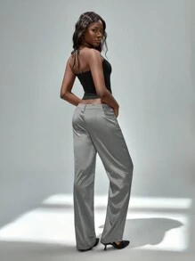 SHEIN Unity 时尚假日简约灰色缎面亮面修身优雅女裤 - 淺灰色 - 查看 2