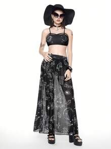 ROMWE Goth 3pcs/Set Women's Swimwear, Moon & Star Hand Painted Graphic Bikini Set With Bra & Swimming Brief & Long Cover-Up Skirt Swimwear, Summer Beach Vacation, Halloween - Black and White - View 3