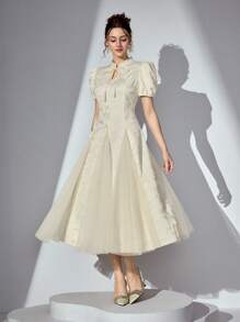 Poshira 女士杏色水滴领蝴蝶提花拼接网眼长款优雅连衣裙 - 杏色 - 查看 1