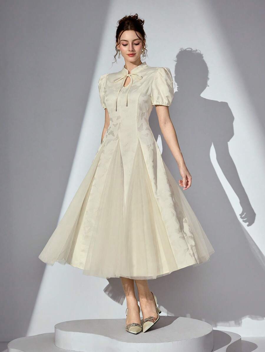 Poshira 女士杏色水滴领蝴蝶提花拼接网眼长款优雅连衣裙 - 杏色 - 查看 1