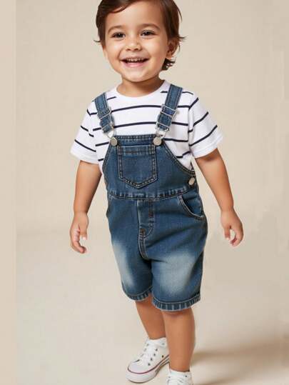 2pcs/Set Toddler Boys Casual Striped Short Sleeve Top And Washed Denim Bib Shorts Set, Suitable For Spring/Summer Outings, Daily Wear, School, Party And Other Occasions