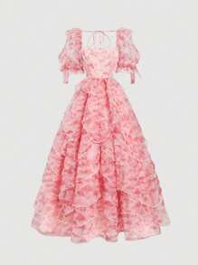 SHEIN MOD Women Pink Floral Mushroom Bow Maxi Dress,Summer Cottage Core Tea Party Wedding Guest Dress,Valentine's Day Beach Cruise Outfits,Gothic Western Wear - Multicolor - View 2