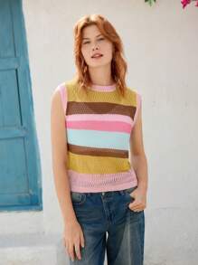 Skyraze 女士度假休闲撞色条纹镂空针织背心