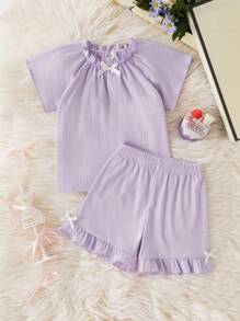 2件套年轻女孩阻燃紫色罗纹蝴蝶结短袖上衣和短裤睡衣套装，荷叶边年轻女孩套装紫色短套装女童夏季套装儿童两件套夏季儿童 - 紫色 - 查看 1