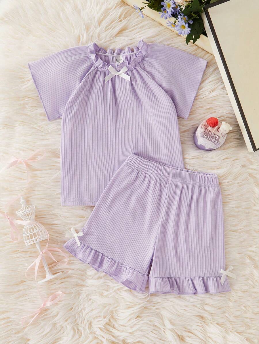 2件套年轻女孩阻燃紫色罗纹蝴蝶结短袖上衣和短裤睡衣套装，荷叶边年轻女孩套装紫色短套装女童夏季套装儿童两件套夏季儿童 - 紫色 - 查看 1