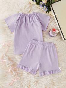 2件套年轻女孩阻燃紫色罗纹蝴蝶结短袖上衣和短裤睡衣套装，荷叶边年轻女孩套装紫色短套装女童夏季套装儿童两件套夏季儿童 - 紫色 - 查看 2